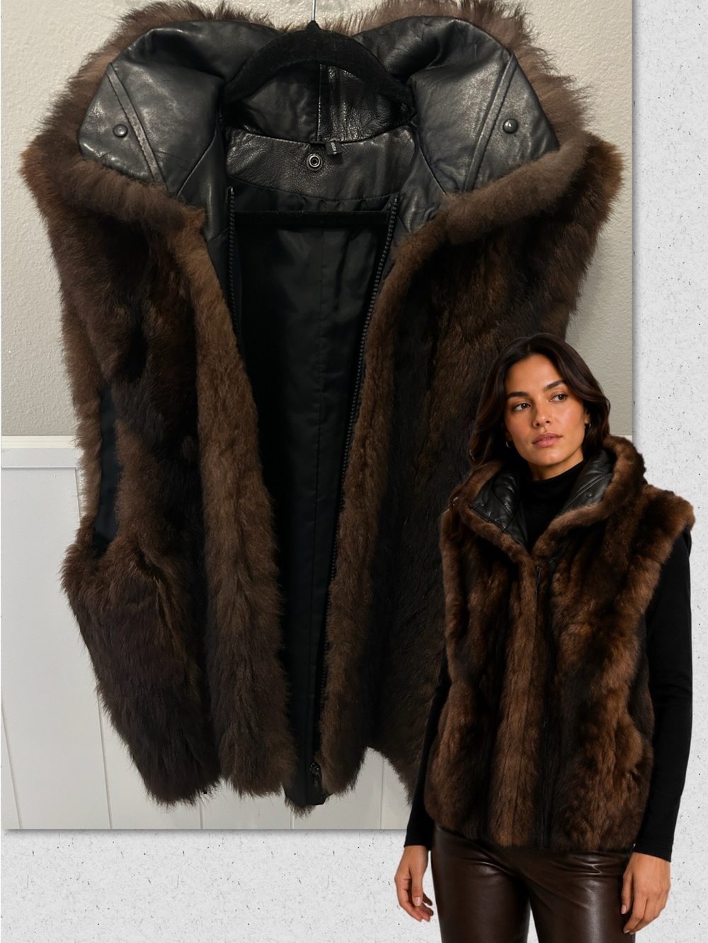 Genuine Fur Vest Chocolate Brown Y2K Black Leather Zip Front Mock Neck Korea L